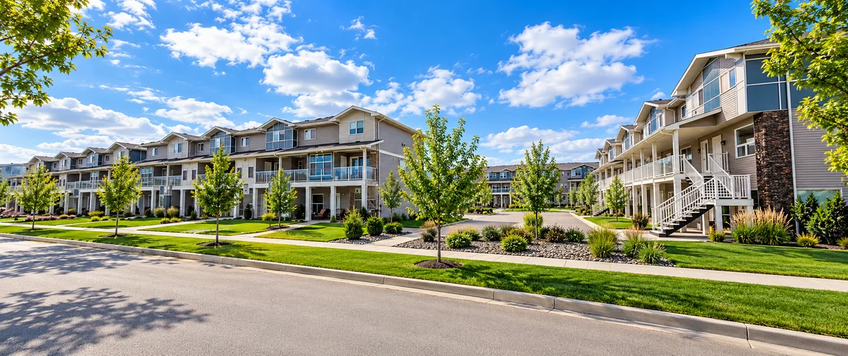 Townhouse community with maintained grounds